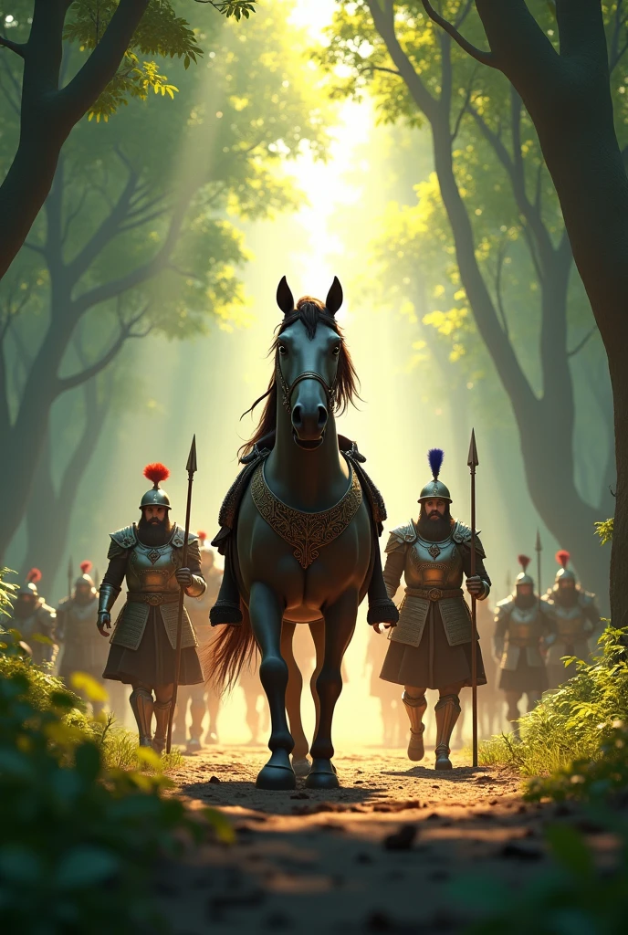 In cinematic 3d cartoon style " The sacred horse is seen traveling through a dense forest, with towering trees and thick foliage. The soldiers, in full armor and carrying spears and shields, walk alongside the horse, ensuring its safety. The atmosphere is tense as they remain vigilant, ready to defend the horse against any threats. The forest is lush and dark, with beams of sunlight piercing through the canopy."