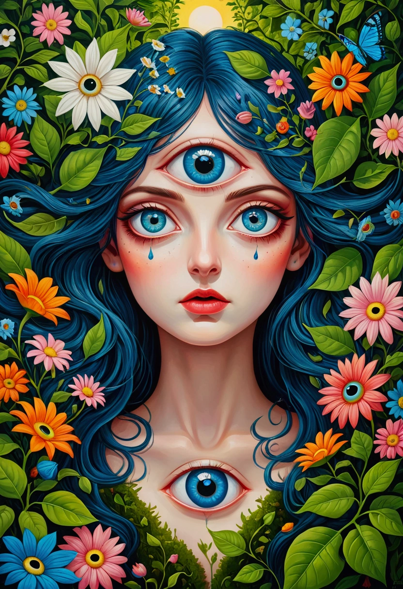 A painting,There is a blue eye in the painting,Surrounded by green leaves and flowers, Maximilian Wanka's Surrealism, Behance Recommended, Psychedelic Art, Portrait of a mysterious giant eye, Very detailed and hypnotic, Mysterious eyes, Psychedelic illustration, Maxim Sukarev, All-Seeing Eye, artwork, Psychedelic surrealist art, adrian borda, big eyes