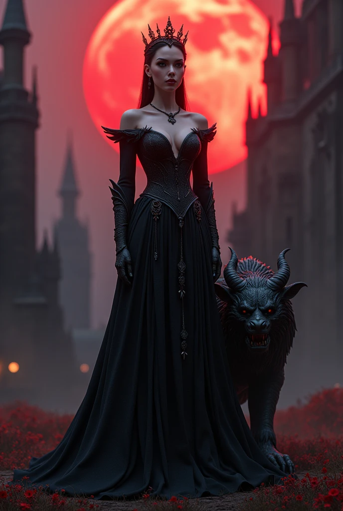 The image features a stunningly detailed 8k RTX photorealistic cinematic shot of a beautiful, voluptuous queen of the Gothics standing proudly in front of a high Gothic cathedral. By her side, a menacing gargoyle looms, adding to the dark and mysterious atmosphere. The red moon casts an eerie glow over the scene, enhancing the gothic architecture and intricate details of the cathedral. The composition is framed in a wide angle view, with smooth lines and realistic 3D dark effects creating a whimsical and captivating portrait of a woman in a fantasy style. The ZBrush final render and additional Blender details bring depth and richness to the image, capturing the essence of gothic beauty and mystery.