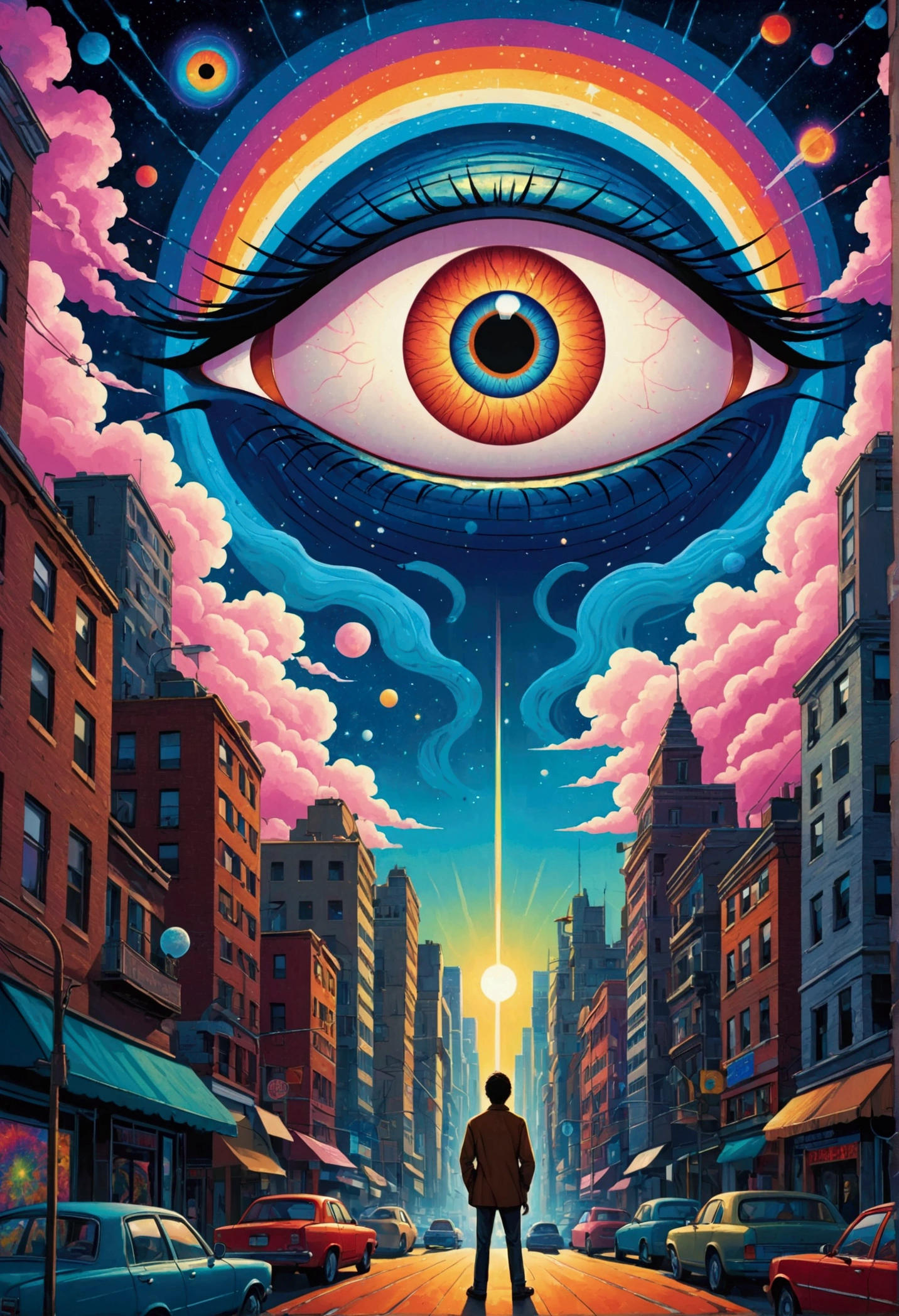 A man gazes at a city with a giant eye, Poster art inspired by Hiroshi Nagai, Winner of the Behance competition, Psychedelic Art, Dan Mumford and Alex Grey style, Chris Dale, Visionary Art Style, Fantasy painting, Psychedelic illustration, Cosmic Psychedelic Drug Poster Art, Psychedelic surrealist art, Psychedelic Art, What the eyes see, Juster Battle, All-Seeing Eye