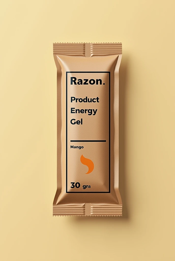 can you add label using black fonts to my 5cm width x 30cm height brown kraft paper 3-sides heat sealed packaging thin strip. The label should include brand name “RazeOn”, product name “Energy Gel”, flavor “Mango” and net weight “30 grams”. So there should be only brown and black colors and make it minimalistic with black border