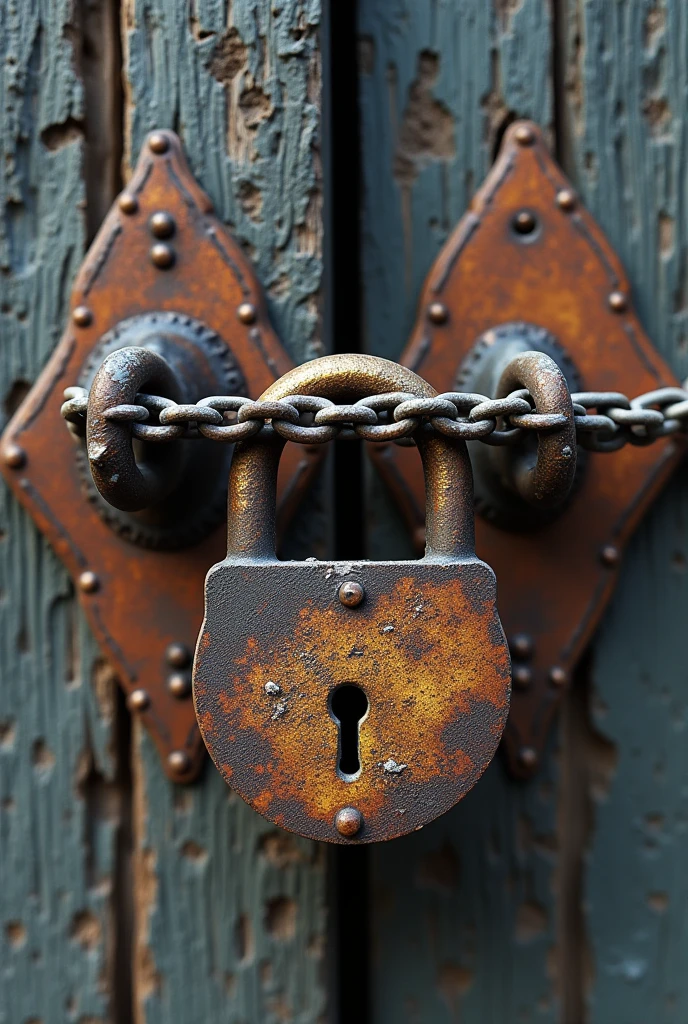 Close up shot of an old lock(更旧的锁 長長旧锁链 特寫 背景是中式更加破舊老舊 更加破舊 古代木門 Close up shot of an old lock 锁链特寫 (Two-piece wooden door)The wooden door has been through the frost and snow, and there is a rusty old lock and chain hanging on it.(Rusty old lock is a masterpiece of brass craftsmanship)On both sides of the wooden door, there are large hollow copper inlays connected with old locks and chains. The texture is as delicate as art painting. (unique style)Very detailed, fresh and elegant aesthetic style, airbrush digital oil painting, movie lighting, very beautiful, perfect composition, intricate details, Super detailed and exquisite high quality work from a master artist