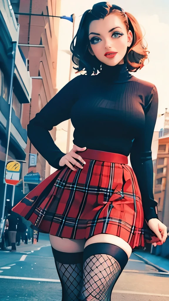 a woman in a plaid skirt and sweater standing on a sidewalk, plaid skirt, young beautiful amouranth, better known as amouranth, fishnets and a long tartan skirt, adorable outfit, amouranth, 5 0 s style, 50s style, plaid tights, 1950s vibes, thighhighs and skirt, with a red skirt