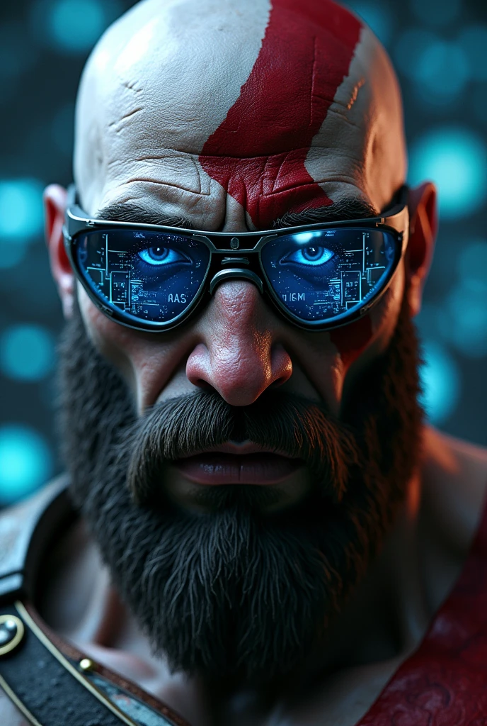 (masterpiece:1.2,excellent quality,Like a mirror,cinematic experience),8K,wallpaper,Ray Tracing,God of War Kratos,god of war, (Wearing futuristic cyber goggles:2.0,Data displayed on the goggles:2.0,Goggles detailed diagram:2.0),(A face that pays attention to detail,Delicate skin texture,Beautiful Skin),(Looking at the camera),(front),(Close-up of face:2.0),(Server Punch:2.0),(The background is a wall of data:2.0),(Glossy lips:1.5)