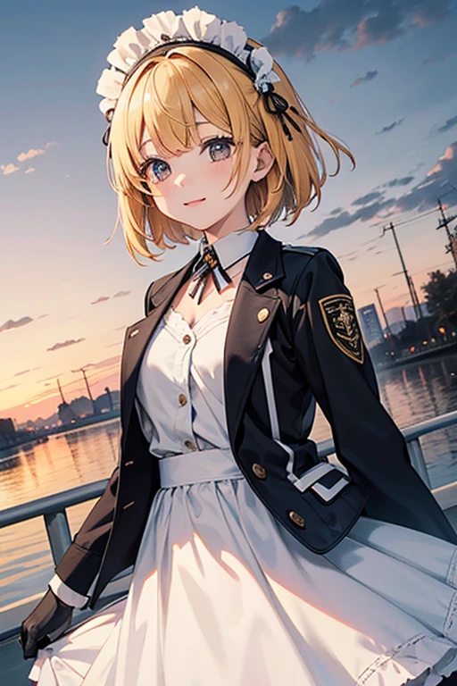((masterpiece,best quality)),1 woman,alone, (((chisato nishikigi))), Short hair, bright yellow hair, alone, dress, Detail Eyes, looking at viewer, long sleeves, standing, white dress, Gloves,headdress, black jacket, laugh, floating hair, dutch angle, closed mouth, looking far away, (Center Park),cloudy sky, blue sky, warm colors,