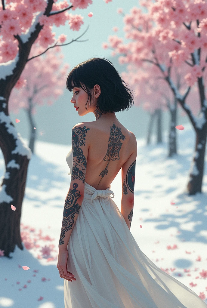 Two Tattoo girl , sakura , snow hill , young 