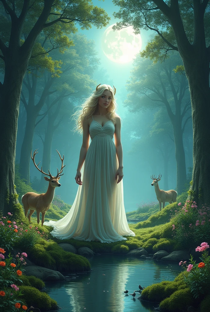 Aphrodite stands in an enchanted forest, where moonlight filters through the leaves of tall trees. The ground is covered in a blanket of moss and wildflowers. Between the trees are small lakes that reflect the glow of the moon and stars. A delicate veil of mist envelops the environment, and the goddess is accompanied by wild animals, such as deer and nocturnal birds, who watch her in silence.