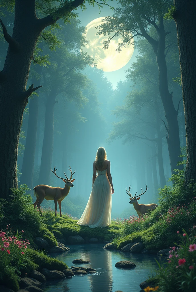 Aphrodite stands in an enchanted forest, where moonlight filters through the leaves of tall trees. The ground is covered in a blanket of moss and wildflowers. Between the trees are small lakes that reflect the glow of the moon and stars. A delicate veil of mist envelops the environment, and the goddess is accompanied by wild animals, such as deer and nocturnal birds, who watch her in silence.