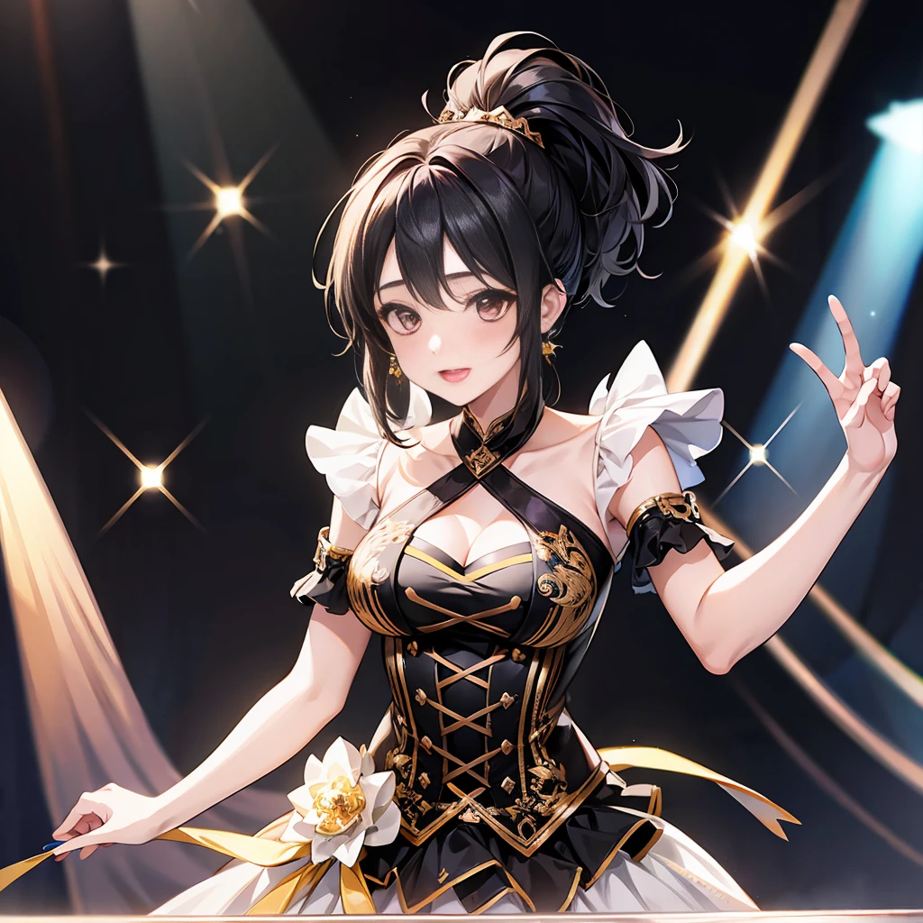 1 person、woman、idol、Black Hair、ponytail、IDOL costumes、beautiful、cute、high resolution、high quality、adult、Sparkly Costume、stage