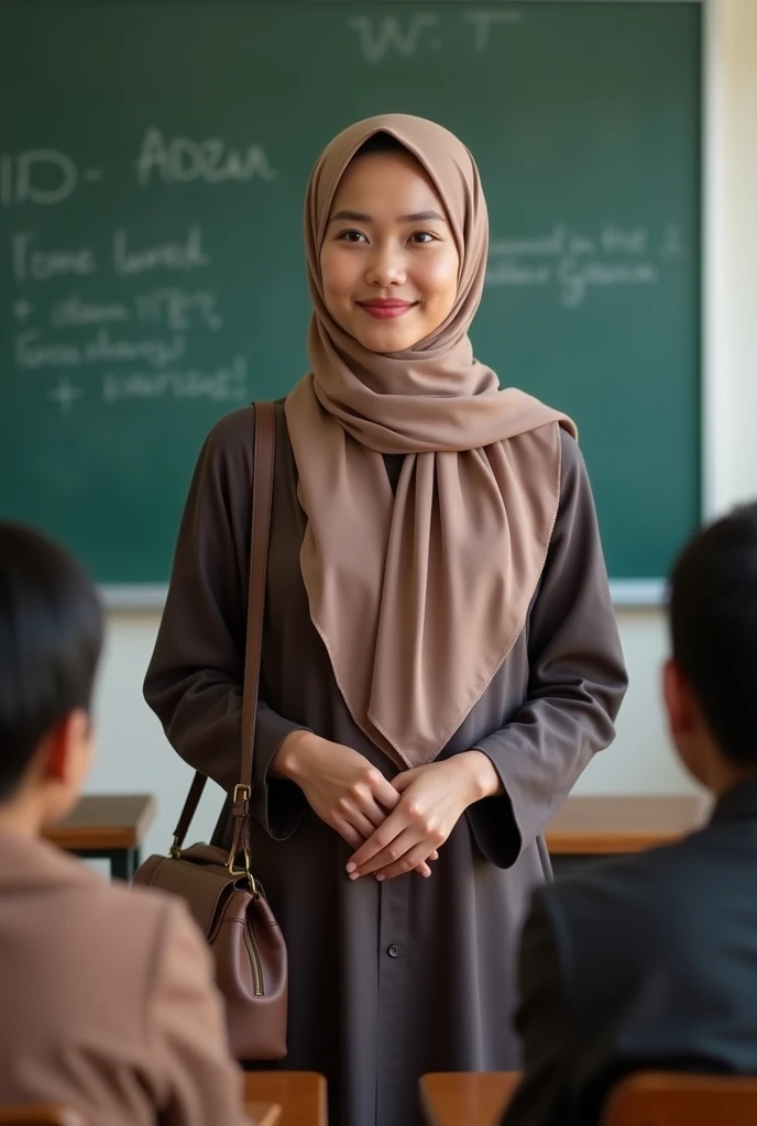 The most beautiful asian malaysian hijab girl, wearing a shoulder handbag, who is the teacher, is in front of the class. She is wearing a beautiful baju kurung.