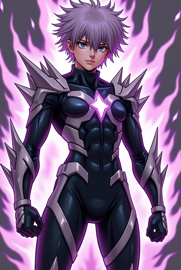 my hero academia inspired hero, black and silver suit, spike details on shoulder, elbow and wrists, magnetic powers, lilac magnetic filed, grey lavender short spiked hair, dark grey eyes