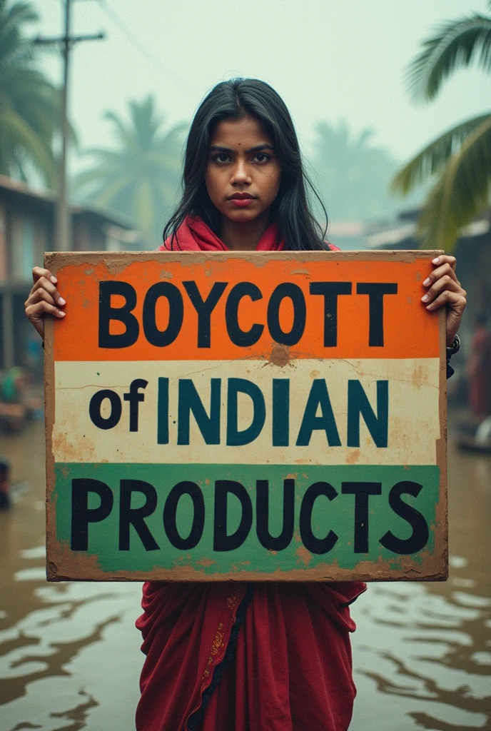 Give me an image which written Boycott Indian Products banner with girl.
Reason Bangladesh flood.