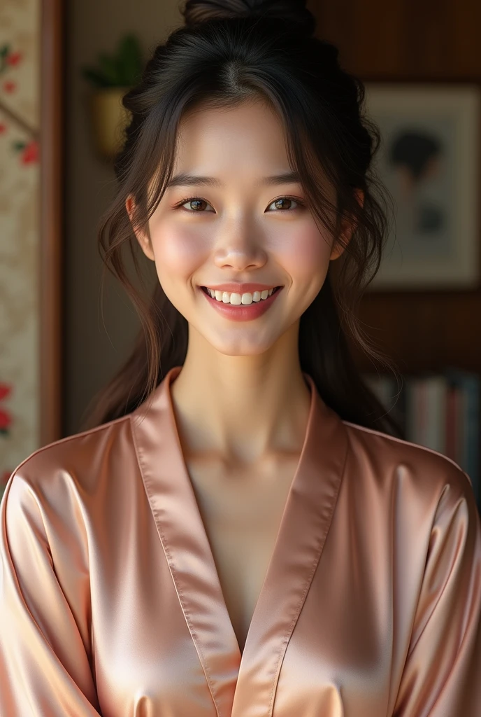 Photorealistic, young Asian woman, long brunette hair tied loosely in pigtails, brightly smiling, wearing only a silk bath robe