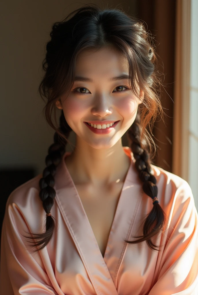 Photorealistic, young Asian woman, long brunette hair tied loosely in pigtails, brightly smiling, wearing only a silk bath robe