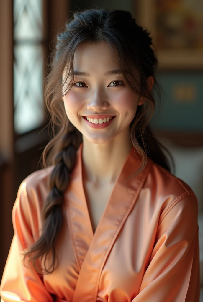 Photorealistic, young Asian woman, long brunette hair tied loosely in pigtails, brightly smiling, wearing only a silk bath robe
