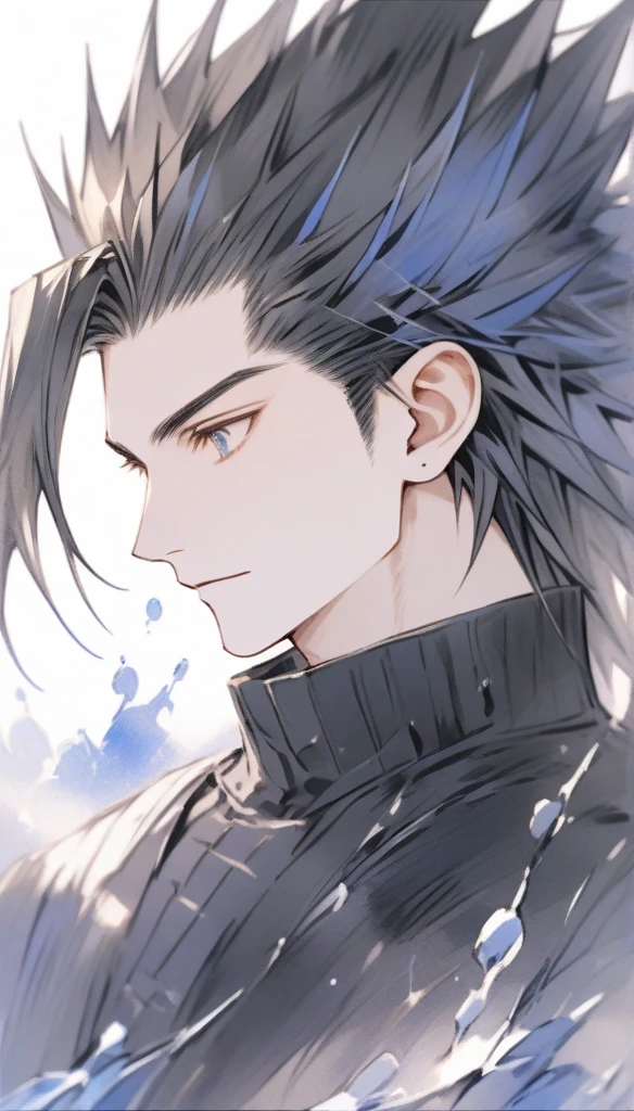 Highest quality,Artistic,Water painting(1.5),solo, One Man, Zack Fair,Fantasy,profile, Simple Background, 