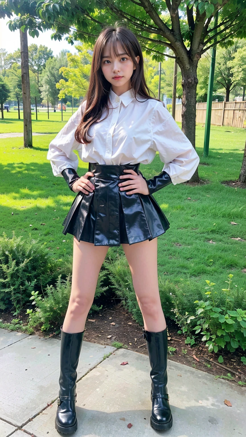 ((RAW photo), absurd, (absurdresolution)), Young woman, 21 years old, (beautiful look, grey eyes, perfect sharp pupil, realistic), (with straight and loose black hair), (black vinyl skirt, white buttoned shirt, formal black leather jacket, tight), (standing in sexy pose, hands on waist, very pretty, legs open, leg slightly turned, looking at camera, photo from below), Italian countryside exterior, vivid, intense colours, captivating woman, light sensuality,