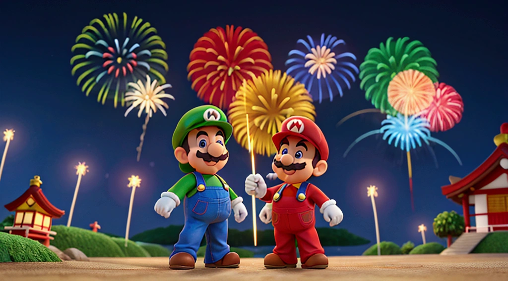 super mario and his brother luigi wearing japanese kimono and partying at a japanese festival with fireworks in the sky.