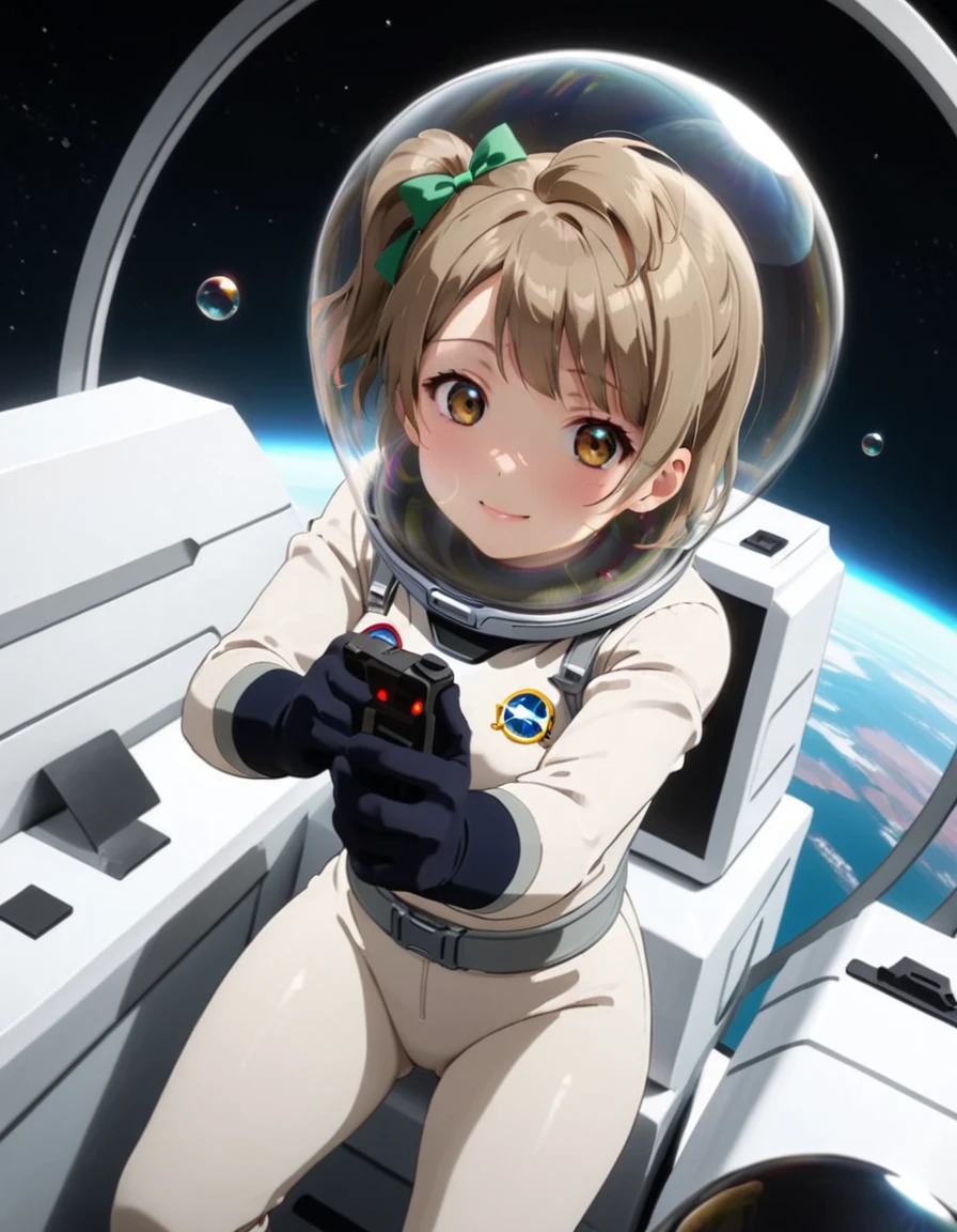 (Spacesuit:1.15), White Cargo Pants, Space Helmet , , Spacewalk, masterpiece, Highest quality, One person, alone, short hair, , , , Bodysuits,Gloss,, short hair, (Futuristic spaceship:1.6), , smile,Covered navel, short hair,Small breasts,From above, space helmet, bubble helmet,Minami Kotori , Love Live! School Idol Project, 2girl