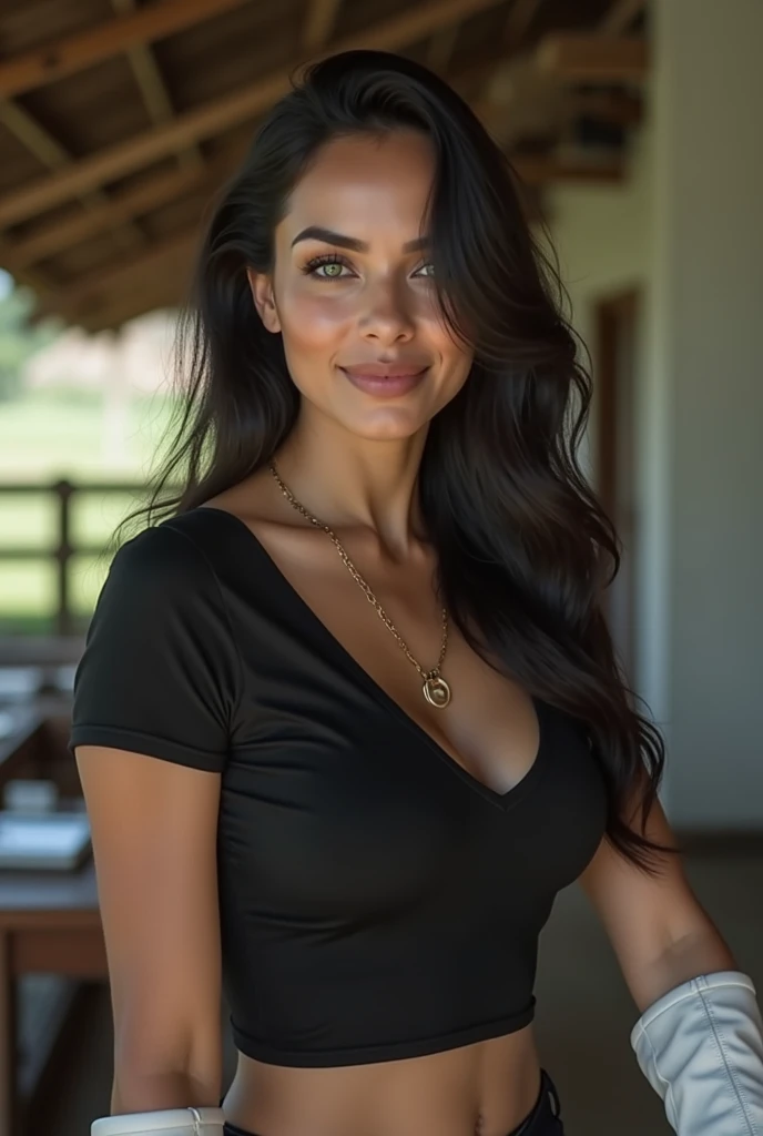 Hyper realistic, Ultra detailed, best quality, Full body from head to toe mature Indonesian woman, 40 years old, beautiful, elegant, thick long black hair, oval face, symmetrical eyebrows, almond shaped eyes, green eyes, sharp nose, sensual lips, slightly smiling, facing the camera , white facial skin flushed, no makeup, tight and thin white V-neck t-shirt, cleavage, very big full and round breasts, no bra, nipples hard and forming in the t-shirt, very short black jeans, smooth legs, voluptuous body , white high boots, walking forward, grass field, cow pen, wooden fence, a little bokeh.
