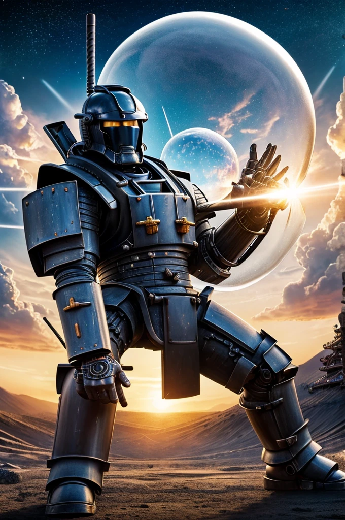 A giant robot (samurai theming, head has helmet styling and a large bubble dome cockpit), lunar surface, stars in back ground, action pose, shooting a rocket fist at viewer connected to mech via chain
