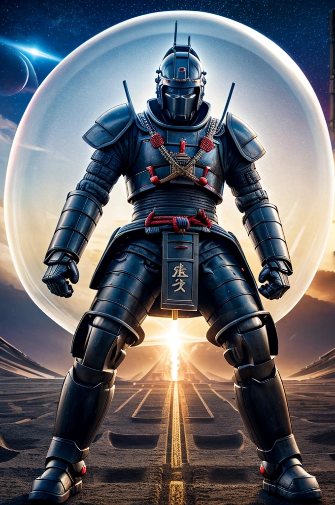 A giant robot (samurai theming, head has helmet styling and a large bubble dome cockpit), lunar surface, stars in back ground, action pose, shooting a rocket fist at viewer connected to mech via chain