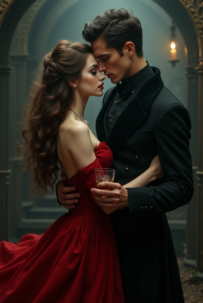A Victorian couple, elegant, dark, Vampir, hold each other, dark aesthetic, Vampir aesthetic, Aesthetics of the book cover woman: Long hair, Curly, Brown hair, not much volume, English, red gown, elegant, 23,
Guy: black hair, shorth hair, black colored clothes, adel, 24, male characteristics, sharp jawline, green eyes, Welsh, Whiskey, hot