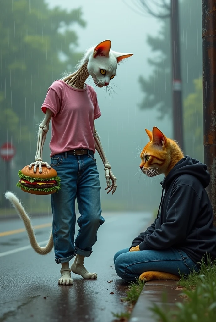 A weeping bony white cat dressed in pink top and blue jeans walking in rain burger money to yellow cat in tattered black hoodie and tattered black jeans with face half covered in hoodie sitting alone on side of road