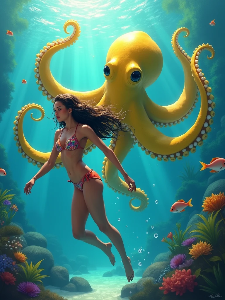 an underwater scene with a girl in bikini being chased by a giant yellow octopus