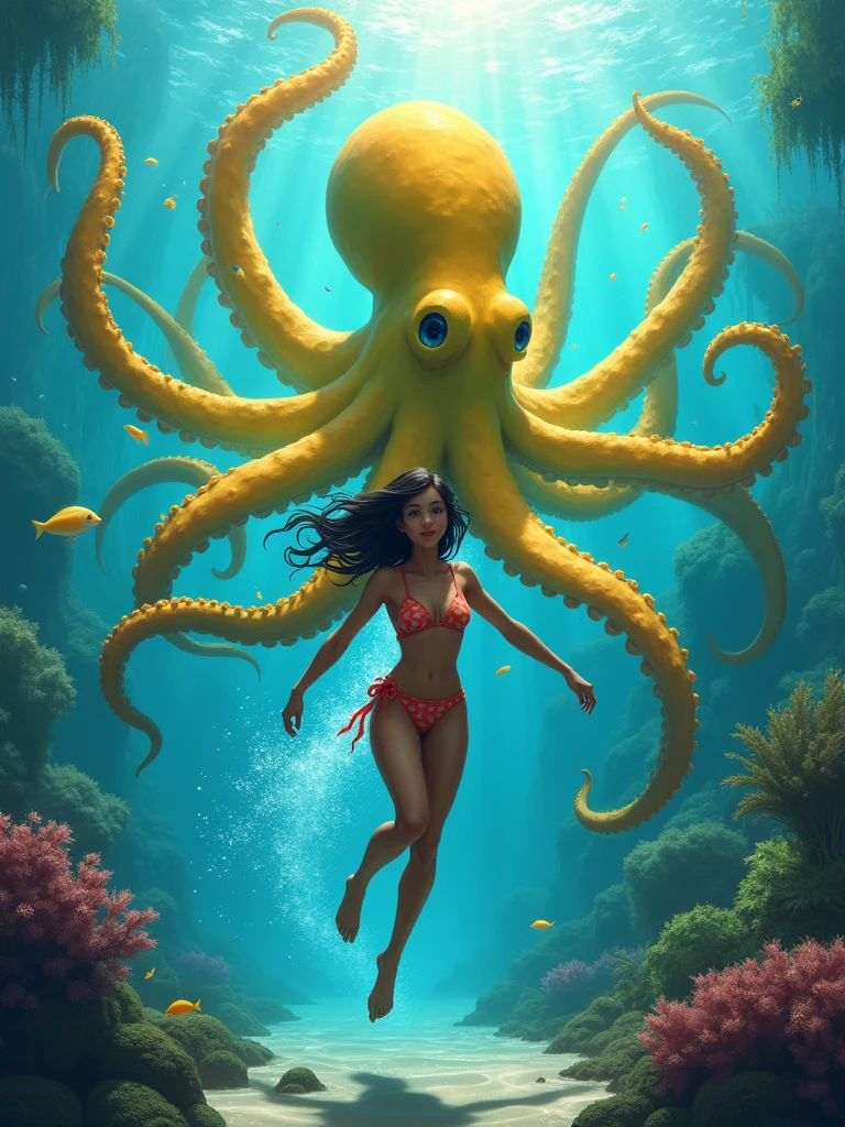 an underwater scene with a girl in bikini being chased by a giant yellow octopus
