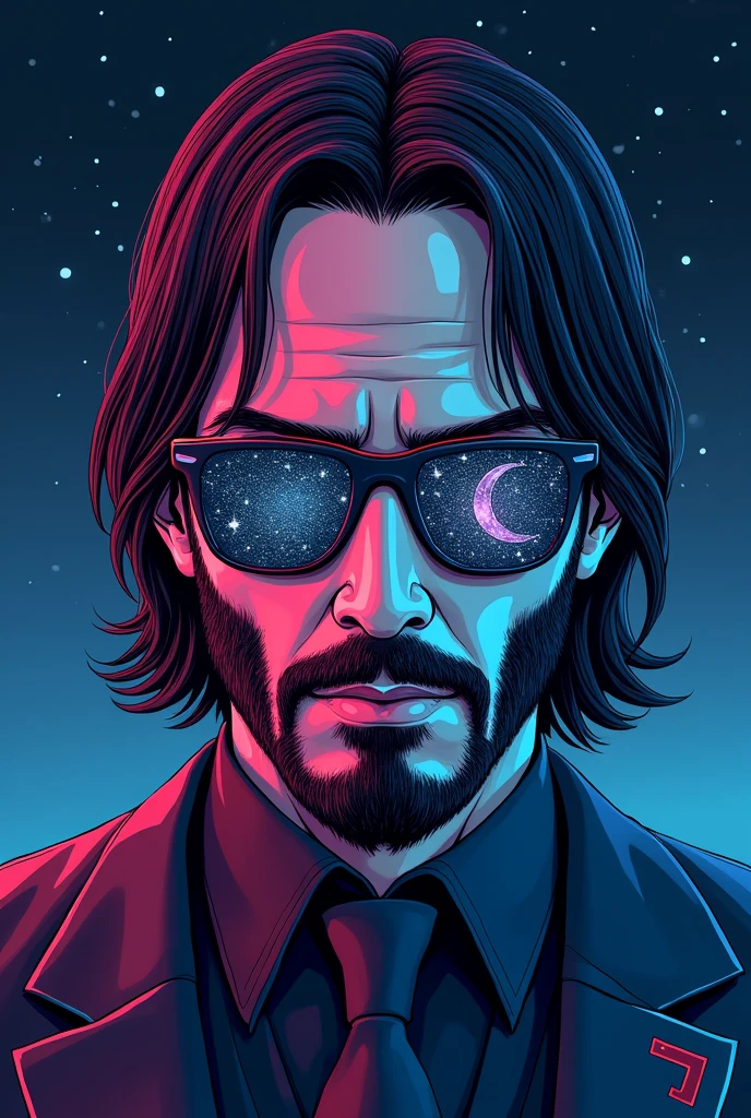 John Wick,Wearing glass sunglasses,There are stars and moon on the glass, Dark sky blue and light style, Minimalist pen line, Use of precious materials, Vibrant colors, Fascinating, flash
