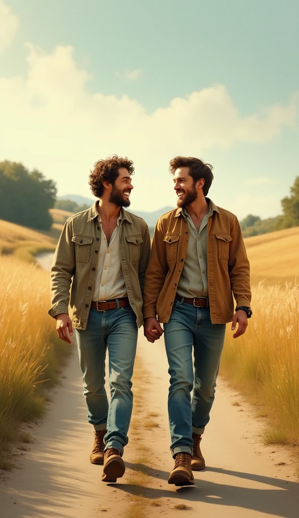 Two handsome young men are walking down a road between fields, laughing. They are wearing old clothes.