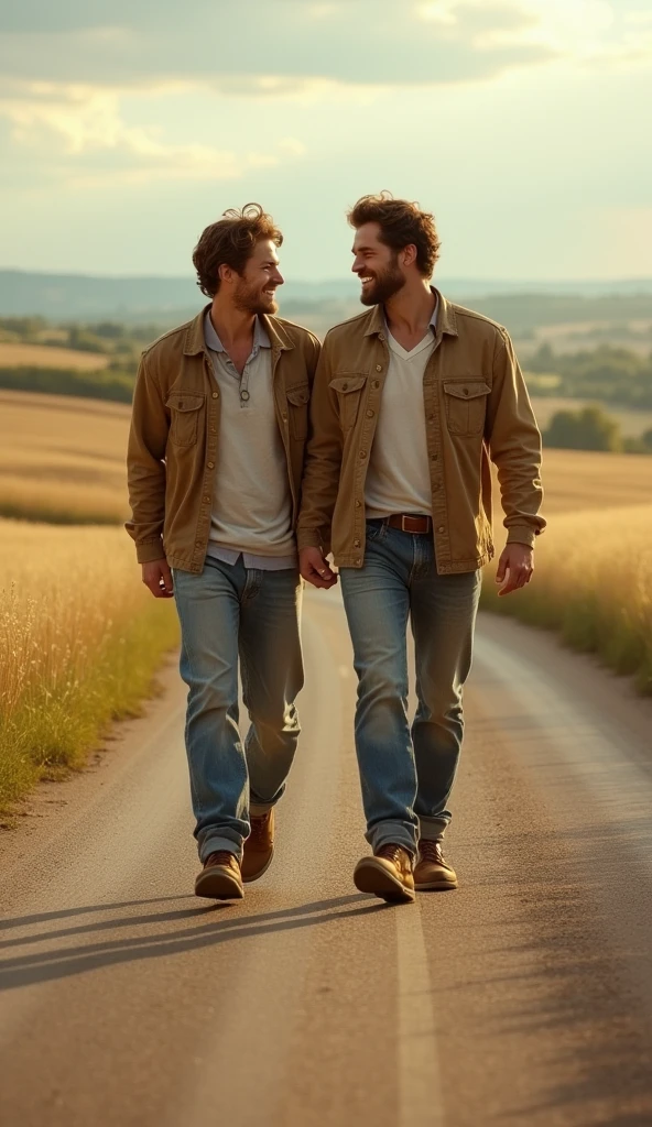 Two handsome young men are walking down a road between fields, laughing.  They are wearing old clothes.