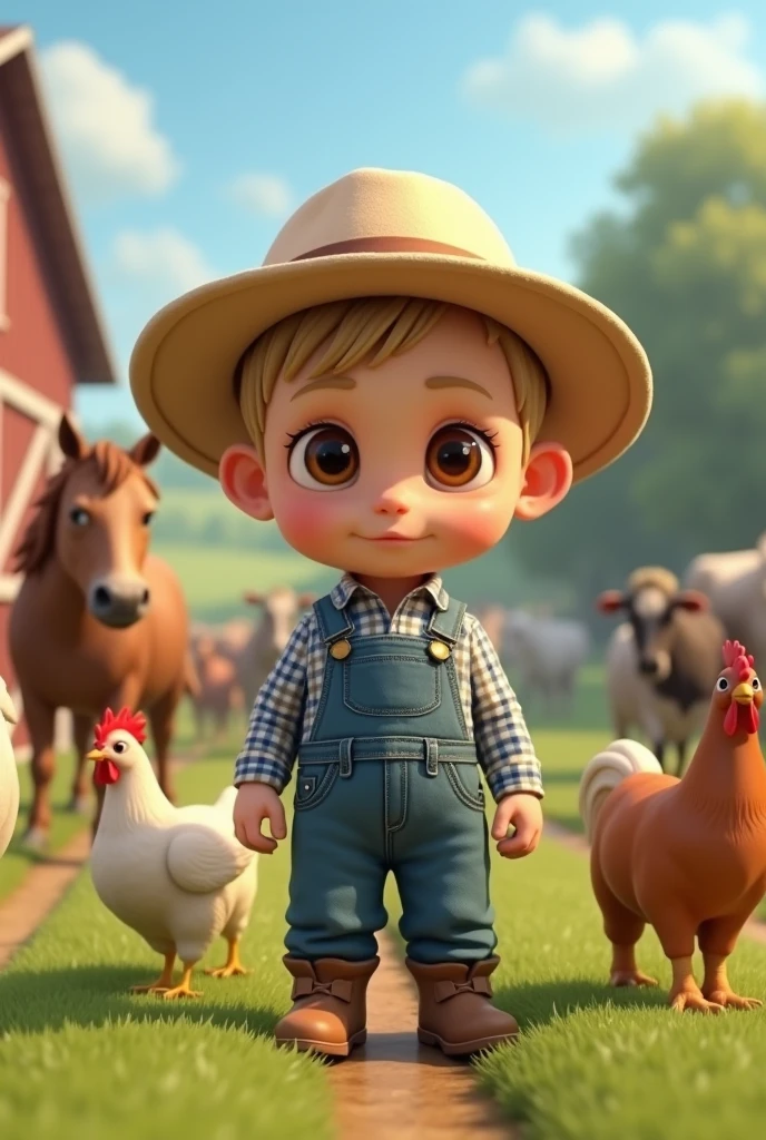 a ,Scrawny,Light brown bun hair, brown dark eyes, light country hat, working with, horses, chickens, cows, in the farm, blue and white plaid shirt denim dungarees 3d hd image