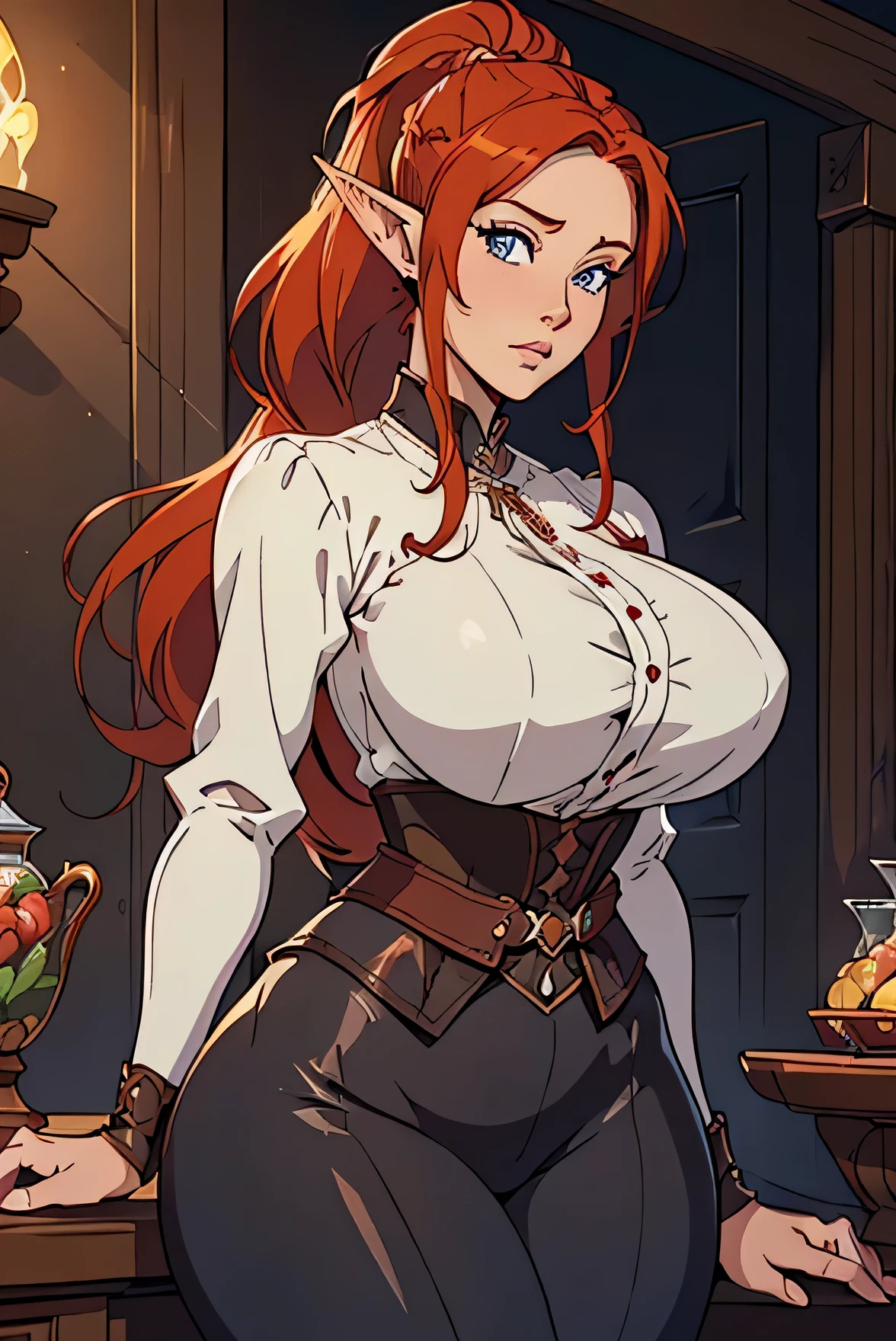 Cute Farmgirl with Braids. ((red haired woman, milf woman, hair stuck, ponytail hair, pointy ears, elf ear)), Perfectly round face. Beautiful cute face, Big beautiful voluptuous lips, charming beauty, ((gentle expression on your face)), ((Beautiful Big, blue detailed eyes)), Waist slender, Broad Hips ((adventurous outfit, black blouse, leather pants, waist long)) (highy detailed)),offcial art, Award-winning digital painting, digital illustration, extreme detail, 4K, ultra HD, Rococo, polished, intrikate, realistic fantasy art, sharp focus, conceptual artwork, arte por WLOP, artgerm, (2D vector illustration) Lumiere, airy, hourglass figure. ellie bamber
