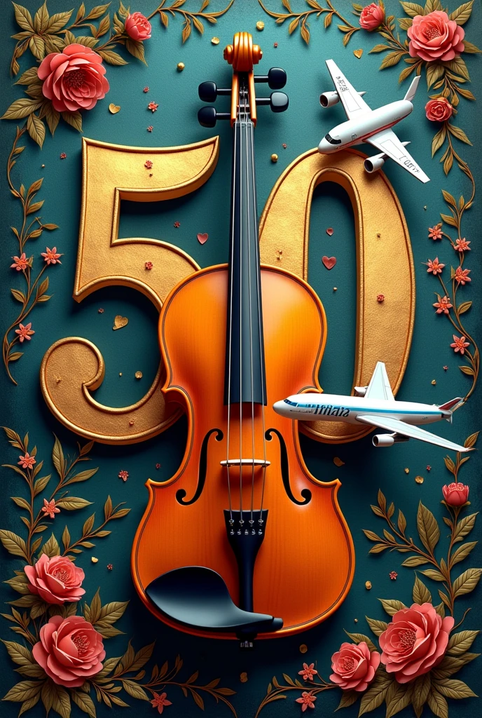 Crie um convite de aniversário de 50 anos com a date de 08 de setembro 2024 com o nome do aniversariante JOSENEI ALVES PROENCA... at the address Rua Maria Dolores da Motta, 454 with message from violinist and aviator in CCB style WITH PHOTO OF VIOLIN AND AN AIRPLANE With text from the location, date, and name, into the image