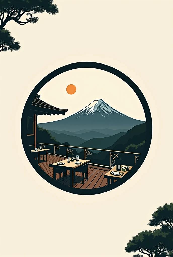 Logo of a restaurant rich in nature and deep in the mountains
サークル型のロゴ
Restaurant logo with a view of Mt. Fuji
A logo that shows that it is a delicious restaurant
a restaurant rich in nature
Terrace table, plates, knives and forks, polite
Mt. Fuji is painted with only silhouette, pop and border only
Logos are pop, stylish and silhouette-only logo marks
White background
Black and white two-tone coloring design
achromatic design
elegant design
Italian and Japanese restaurants
Match between Japanese and Western, harmony
レストラン
Pretty cool
Stylish design
chic and modern design