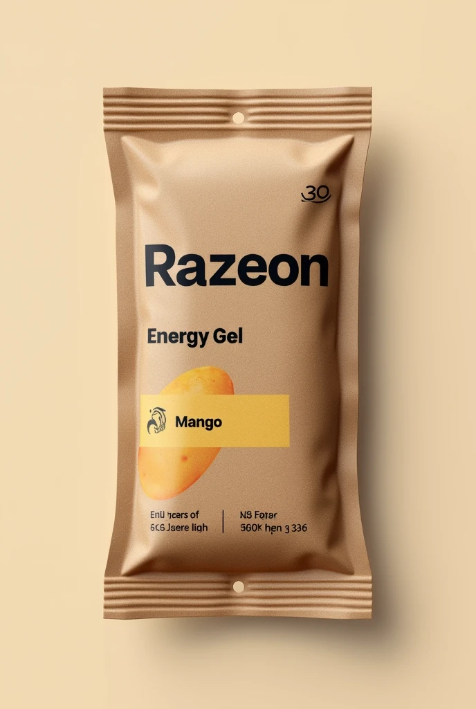 can you add label using black fonts to my 5cm width x 30cm height brown kraft paper 3-sides heat sealed packaging thin strip. The label should include brand name “RazeOn”, product name “Energy Gel”, flavor “Mango” and net weight “30 grams”. So there should be only brown and black colors and make it minimalistic with black border