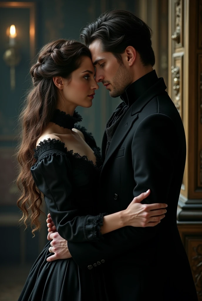 A Victorian couple, elegant, dark, vampire, holding each other, dark aesthetic, vampire aesthetic, book cover aesthetic, kings close, book, 1721, 1700, vampire, dark, book cover, book aesthetic, love, in love, look at each other. Dark Romance, Dark Romance 

Woman: long hair, curly, brown hair, not much volume, english, Anthrazit dress, elegant, 23, 5'5 imches

Guy: black hair, short hair, black clothing, Nobility, 24, masculine features, sharp jawline, green eyes, Welsh, 6'0 inches