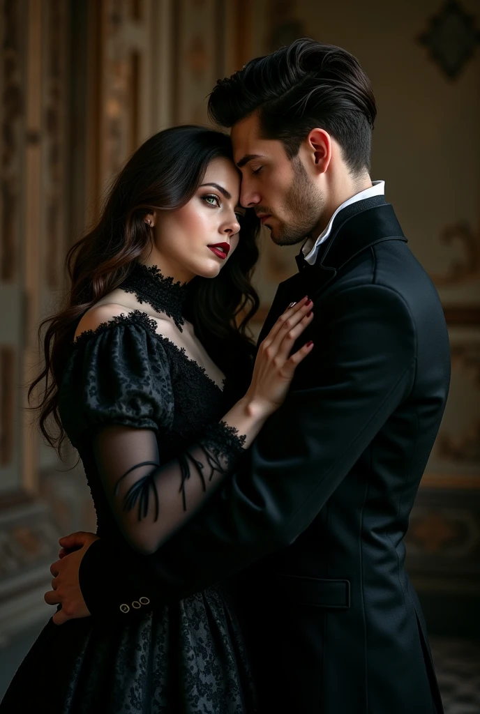 A Victorian couple, elegant, dark, vampire, holding each other, dark aesthetic, vampire aesthetic, book cover aesthetic, kings close, book, 1721, 1700, vampire, dark, book cover, book aesthetic, love, in love, look at each other. Dark Romance, Dark Romance
Woman: long hair, curly, brown hair, not much volume, english, Anthrazit dress, elegant, 23, 5'5 imches
Guy: black hair, short hair, black clothing, Nobility, 24, masculine features, sharp jawline, green eyes, Welsh, 6'0 inches