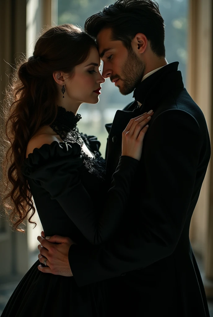 A Victorian couple, elegant, dark, vampire, holding each other, dark aesthetic, vampire aesthetic, book cover aesthetic, kings close, book, 1721, 1700, vampire, dark, book cover, book aesthetic, love, in love, look at each other. Dark Romance, Dark Romance
Woman: long hair, curly, brown hair, not much volume, english, Anthrazit dress, elegant, 23, 5'5 imches
Guy: black hair, short hair, black clothing, Nobility, 24, masculine features, sharp jawline, green eyes, Welsh, 6'0 inches