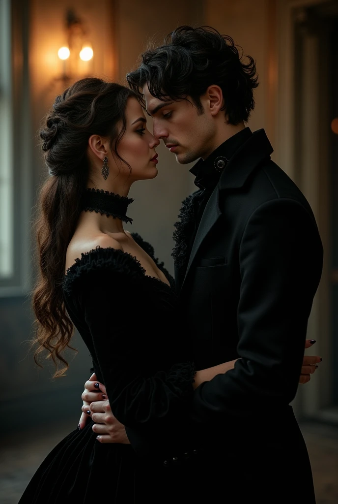 A Victorian couple, elegant, dark, vampire, holding each other, dark aesthetic, vampire aesthetic, book cover aesthetic, kings close, book, 1721, 1700, vampire, dark, book cover, book aesthetic, love, in love, look at each other. Dark Romance, Dark Romance
Woman: long hair, curly, brown hair, not much volume, english, Anthrazit dress, elegant, 23, 5'5 imches
Guy: black hair, short hair, black clothing, Nobility, 24, masculine features, sharp jawline, green eyes, Welsh, 6'0 inches