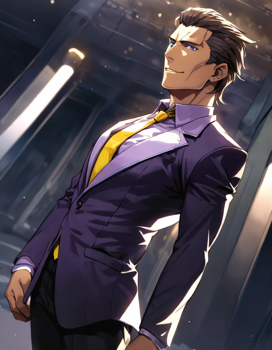 1man, solid mature male, masculine president, olive hair, spiked slicked back, darkblue eyes, businessman hairstyle, BREAK dignified playboy, toned japanese, ideal ratio body proportions, broad face, high cheekbones, BREAK violet formal jacket, purplewhite shirt, yellow necktie, BREAK solo, cool emotion, romance, sexy smile, BREAK solo, upperlegs, smart expression, visual novel, 2000s, in eroge style, in persona style, BREAK depth of field, dutch angle, cinematic shadows, cinematic lighting, lens flare, light leaks, texture, absurdres absolutely resolution, extreme all detailed, greatest painting, BREAK masterpiece, best quality