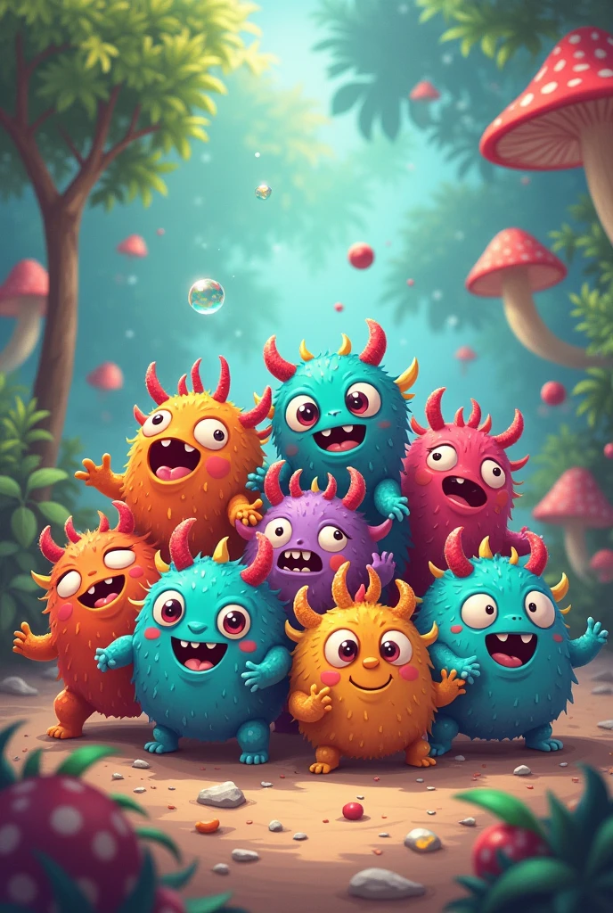 "Cute Monsters": A cute and whimsical illustration featuring friendly monsters in vibrant colors, with silly expressions and playful interactions, ideal for a light-hearted and kid-friendly Halloween, Ultra realism, color field printing, high detail, UHD, 8k, anatomically correct, cinematic lighting 4d quality --auto --s2