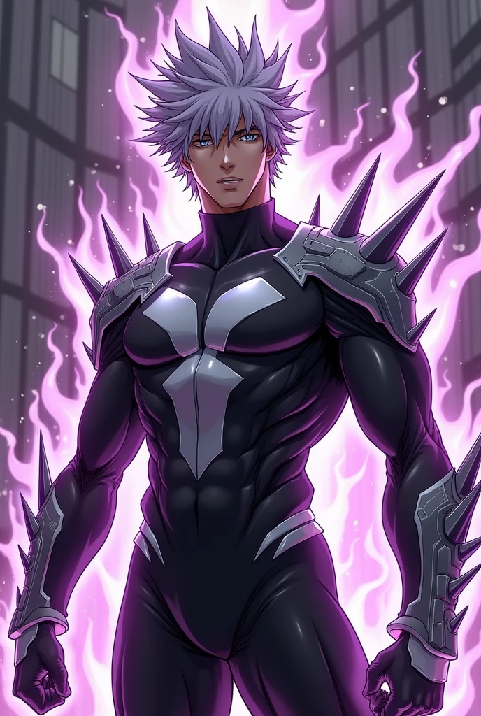 my hero academia inspired hero, male, black and silver suit, spike details on shoulder, elbow and wrists, magnetic powers, lilac magnetic filed, grey lavender short spiked hair, dark grey eyes