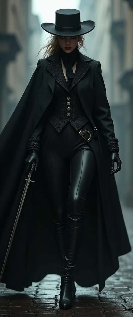 a female vampire killer dark, late nineteenth century suit, and either a long duster style / Sherlockian coat with a mantle, or coat with long cape that covers the shoulders.