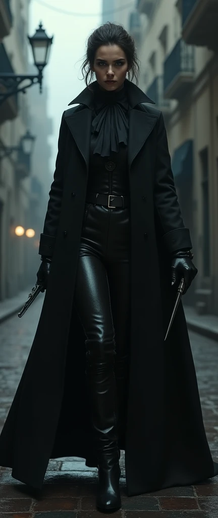 a female vampire killer dark, late nineteenth century suit, and either a long duster style / Sherlockian coat with a mantle, or coat with long cape that covers the shoulders.