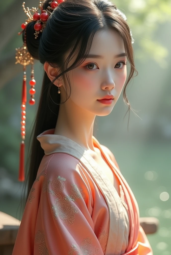 A girl in Hanfu, gentle elegant face, big round double eyelids, clear jet black, around 1, Asian, half up,