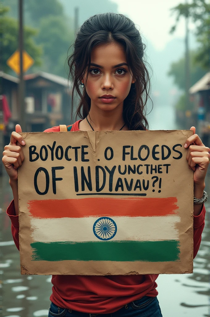 Give me an image which written Boycott Indian Products banner  with girl.
Reason Bangladesh flood.