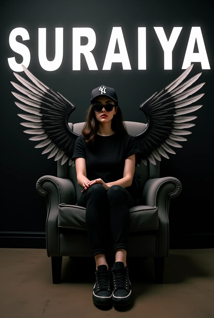 Create a 3D illusion for a Instagram profile picture where a 20 year's old girl in a black shirt sits casually on a Wingback Chair. Wearing sneakers, a black stylis cap, and sunglasses, he looks ahead. The background features "Suraiya" in big and capital white fonts on the black wall. There should not be his shadow, and there are wings to make it appear as if he is an devil.